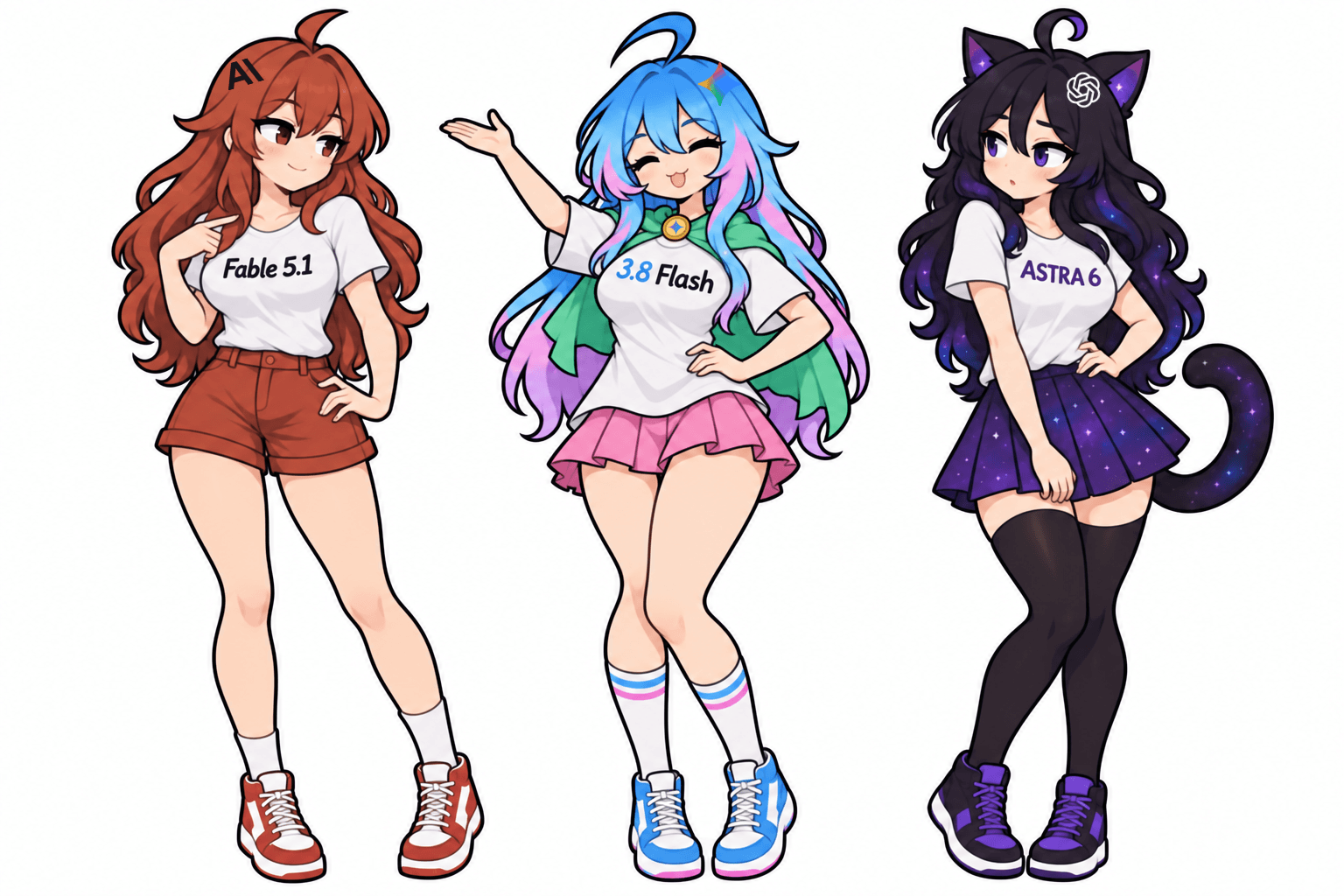Fable, Flash and Astra, shown head to toe with their Anthropic, Gemini and OpenAI logos.