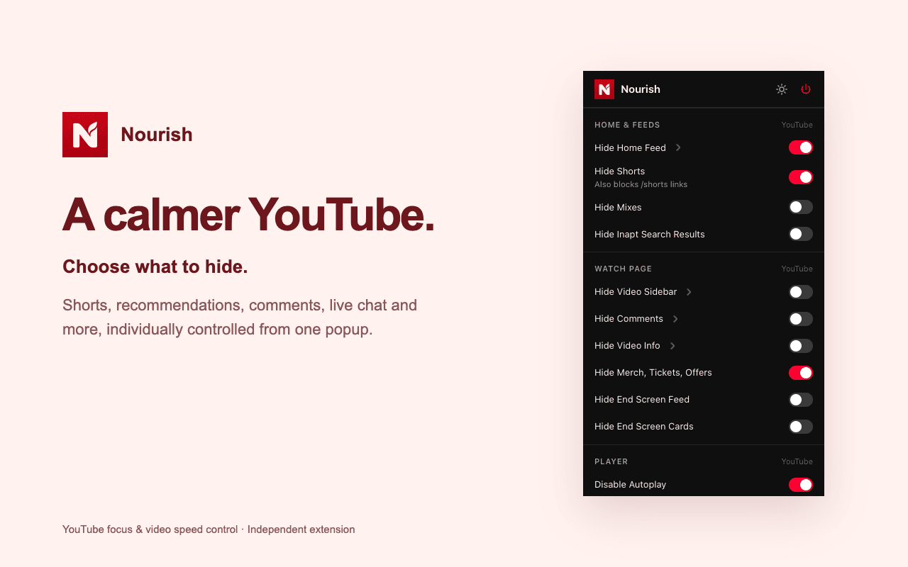Nourish popup with controls to hide the YouTube home feed, Shorts, autoplay, recommendations and live chat