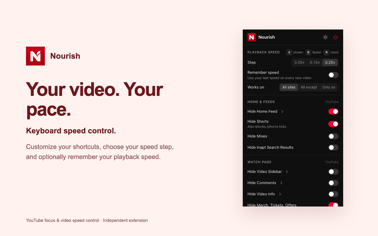 Nourish video speed popup showing custom B, X and R shortcuts, speed increments and remembered speed
