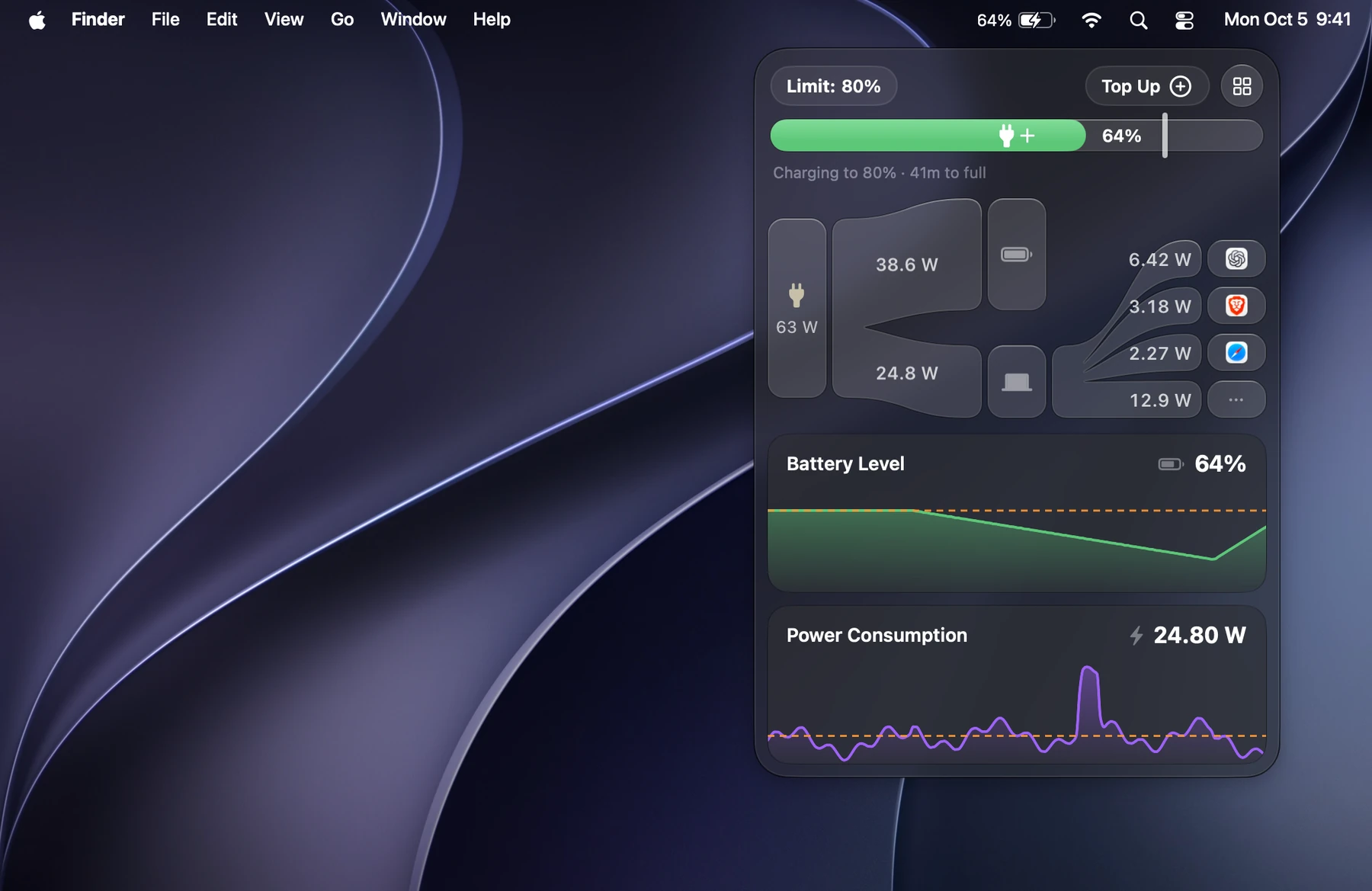 Kelvin’s menu bar popover showing battery charge, the power flow and power per app