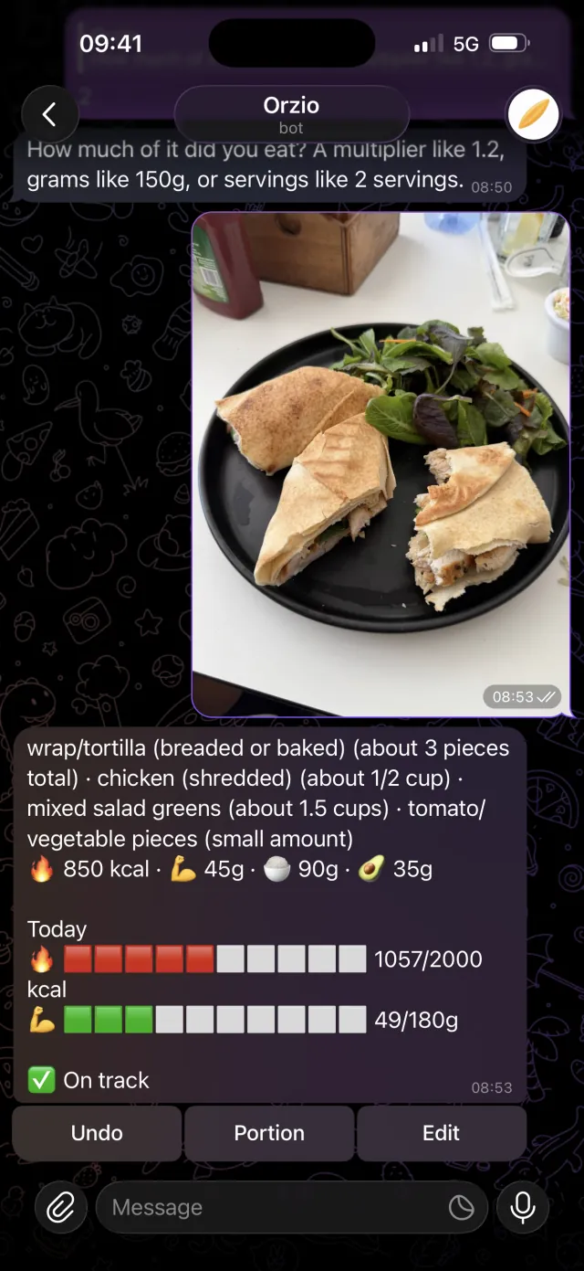 A meal photo sent to a Telegram bot, answered with an on-plan verdict.