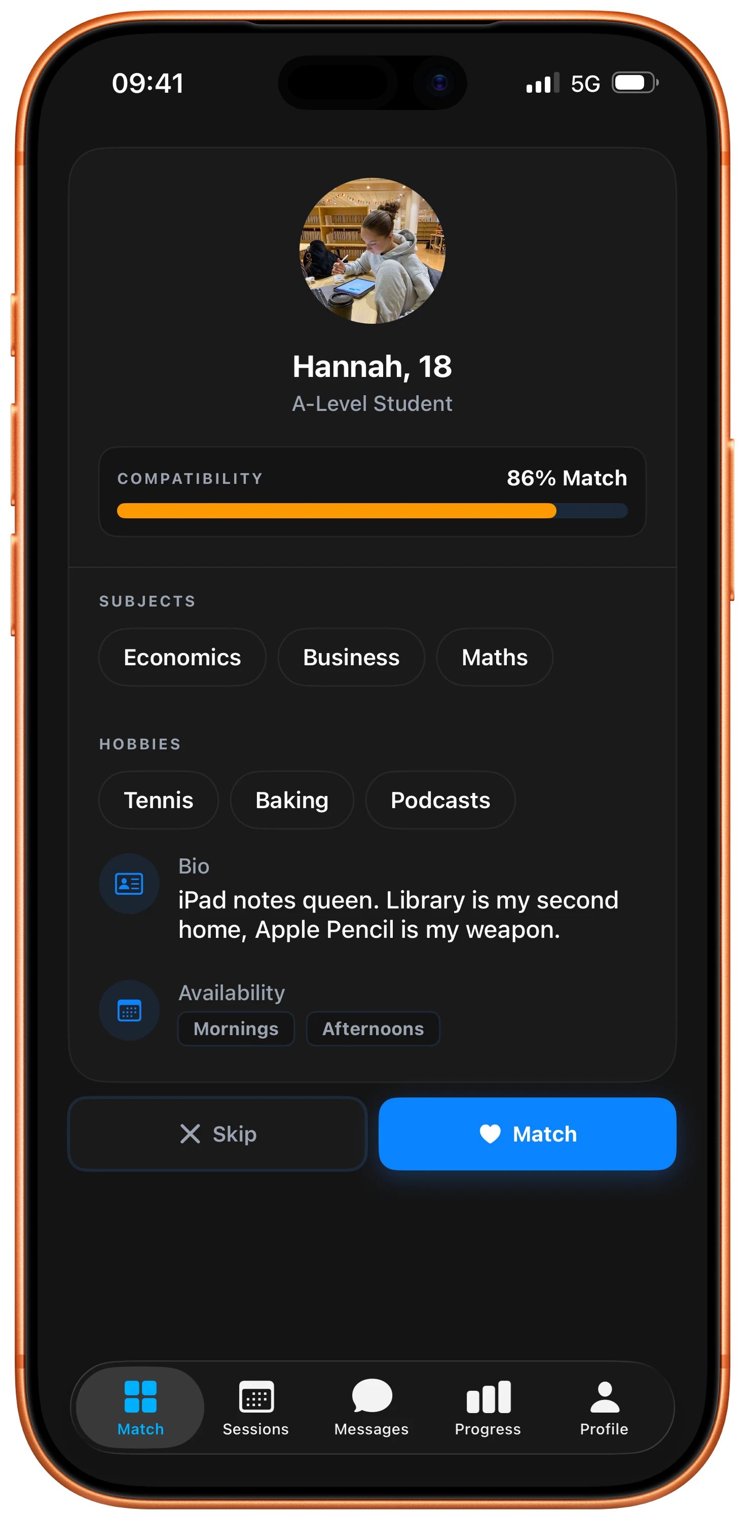 A PairPal match profile showing subjects, hobbies, availability, and an 86% compatibility score.