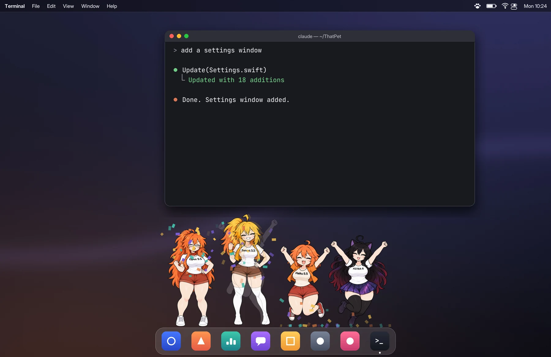 ThatPet characters on a Mac desktop beside a Claude Code session