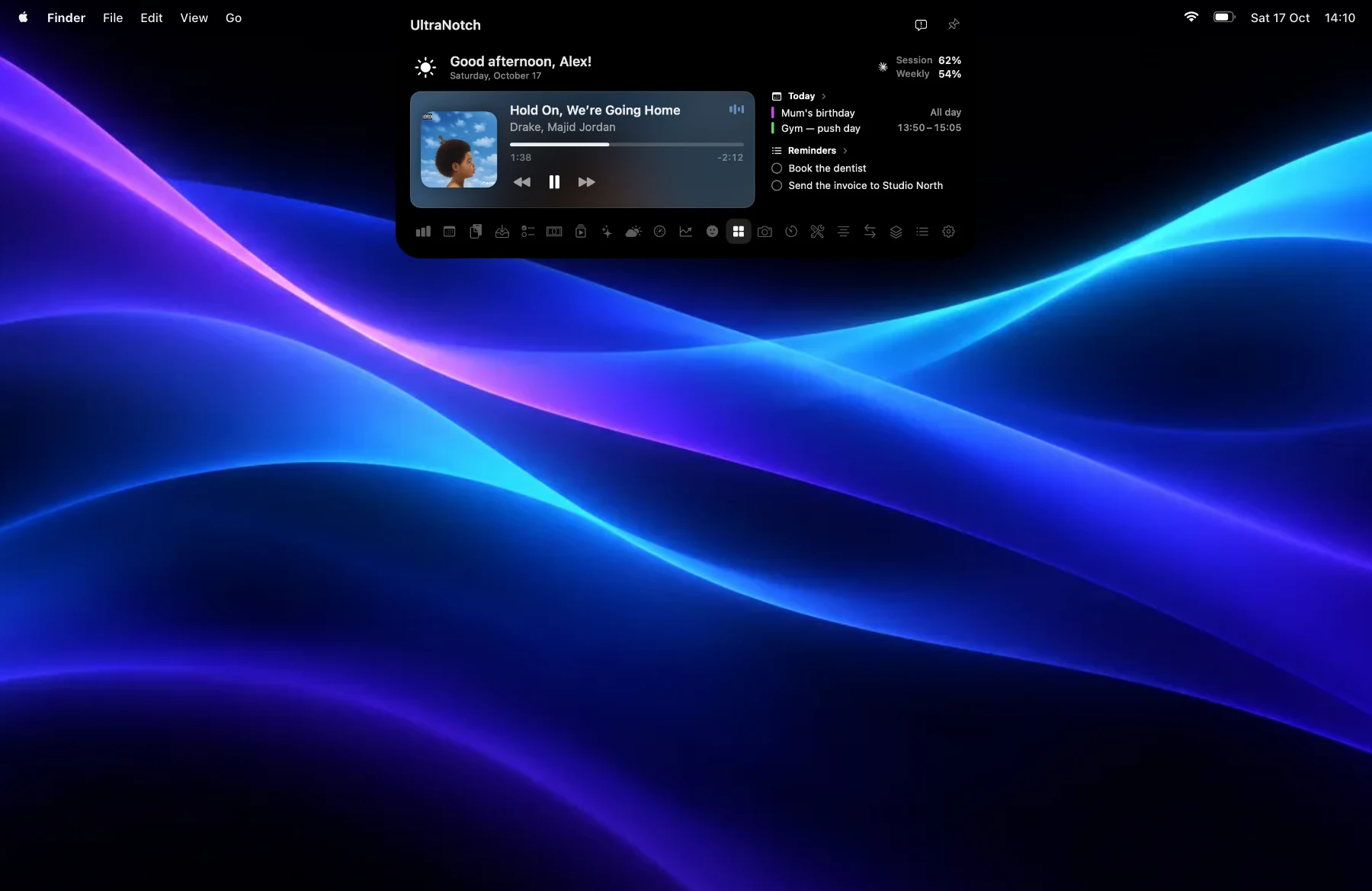 UltraNotch open in a MacBook notch showing music, today’s events, reminders and AI usage limits