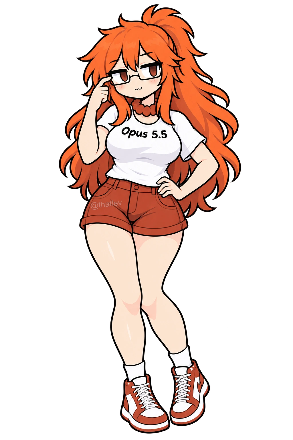 Opus 5.5, the Claude Opus character: orange hair in a half-up ponytail, thin black glasses and a white "Opus 5.5" tee